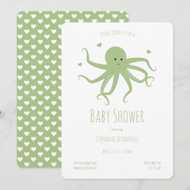 Invitation Baby shower caricature Coeurs de poulpe vert (Devant / Derrière)