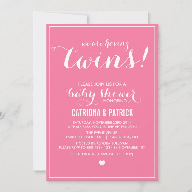 Invitation Baby shower Carnation Pink Script Twins (Devant)