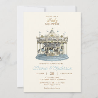 Invitation Baby shower Carousel vintage en bleu