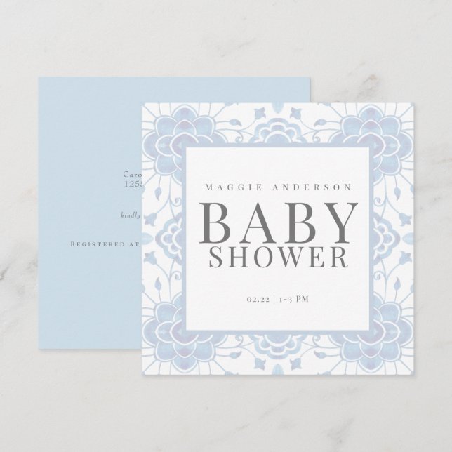 Invitation Baby shower Carré bleu clair (Devant / Derrière)