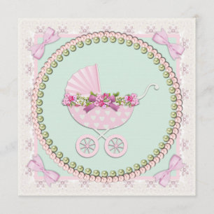 Invitation Baby Shower Carrosse Rose et Vert