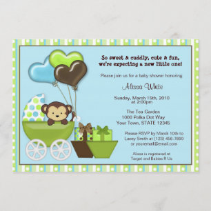 Invitation Baby Shower Carrosse Singe BLEU VERT