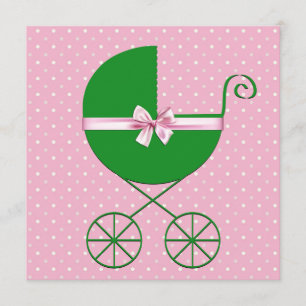 Invitation Baby Shower Carrosse Vert et Bébé à pois roses