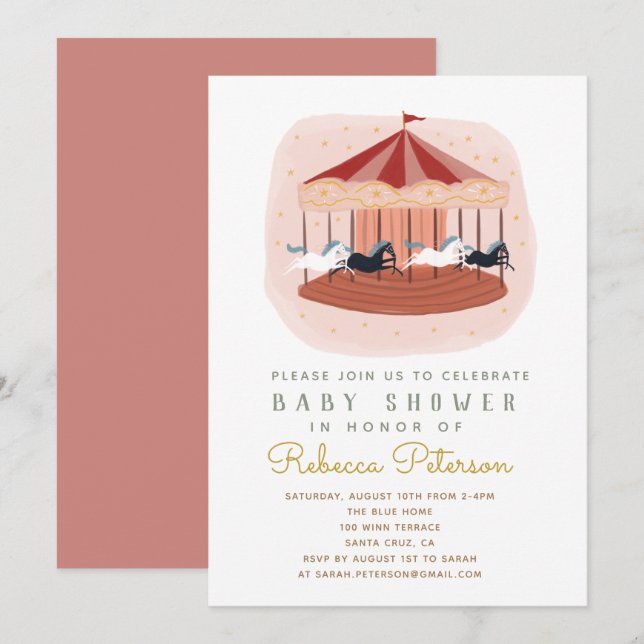 Invitation Baby shower carrousel rose aquarelle (Devant / Derrière)