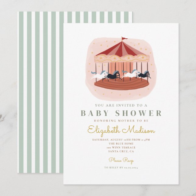 Invitation Baby shower carrousel rose aquarelle (Devant / Derrière)