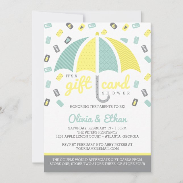 Invitation Baby shower Carte Cadeau, Jaune, Vert (Devant)