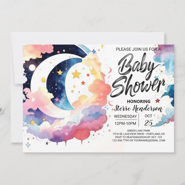 Invitation Baby shower céleste clair de lune (Devant)