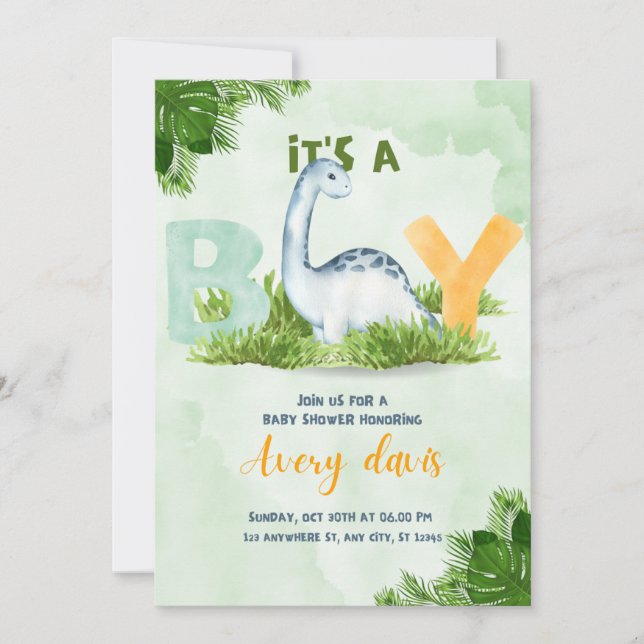 invitation baby shower, c'est aboy, dinosaure mign (Devant)