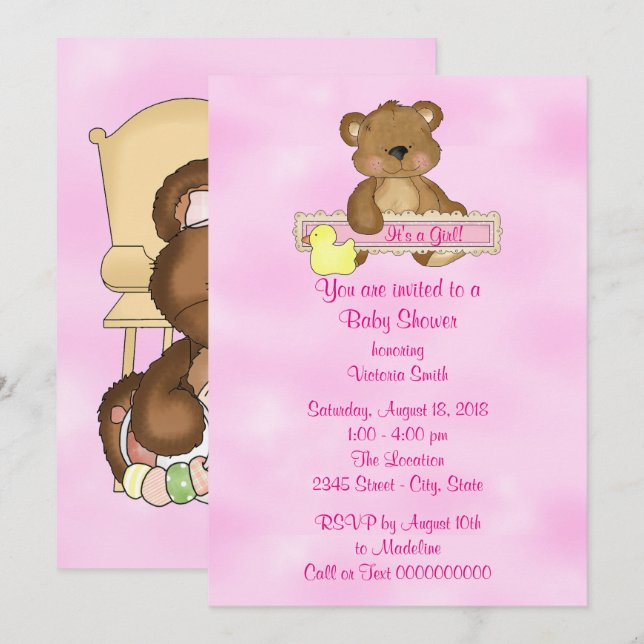Invitation Baby shower c'est un ours de nounours de fille (Devant / Derrière)