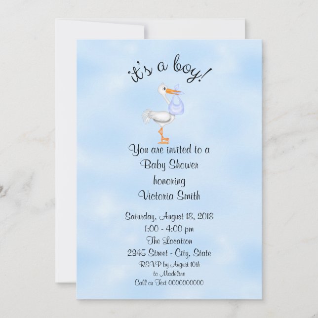 Invitation Baby shower c'est une cigogne de bébé de garçon (Devant)