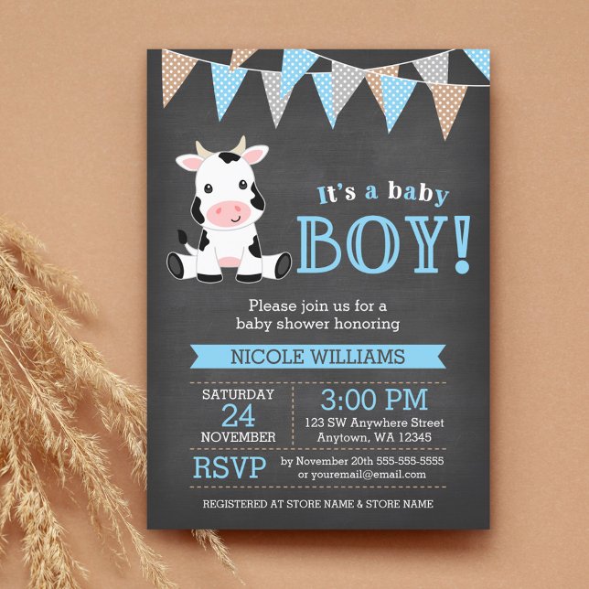 Invitation Baby shower Chalkboard Cow Boy (Créateur téléchargé)