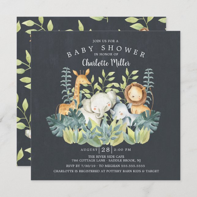 Invitation Baby shower Chalkboard Jungle Animaux (Devant / Derrière)