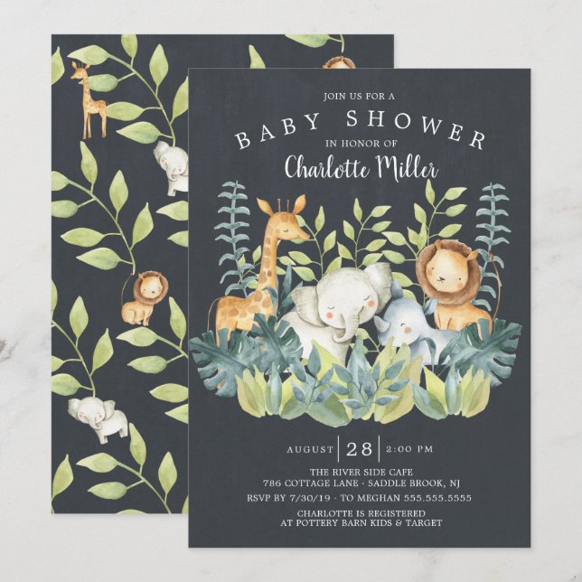 Invitation Baby shower Chalkboard Jungle Animaux (Devant / Derrière)