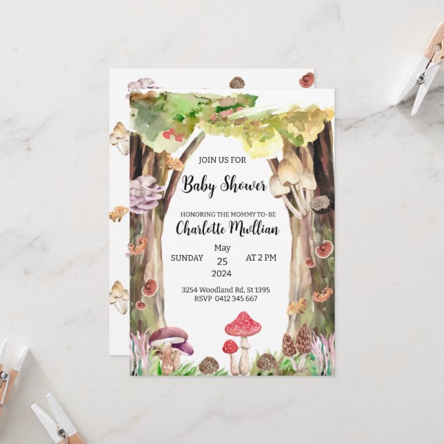 Invitation baby shower champignon forêt boisée fantaisiste (Devant/Arrière en situation)