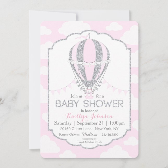 Invitation Baby shower chaud rose de fille de ballon à air (Devant)