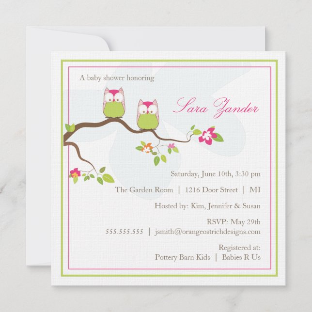 Invitation Baby shower - Chevêches pour bébés jume (Devant)