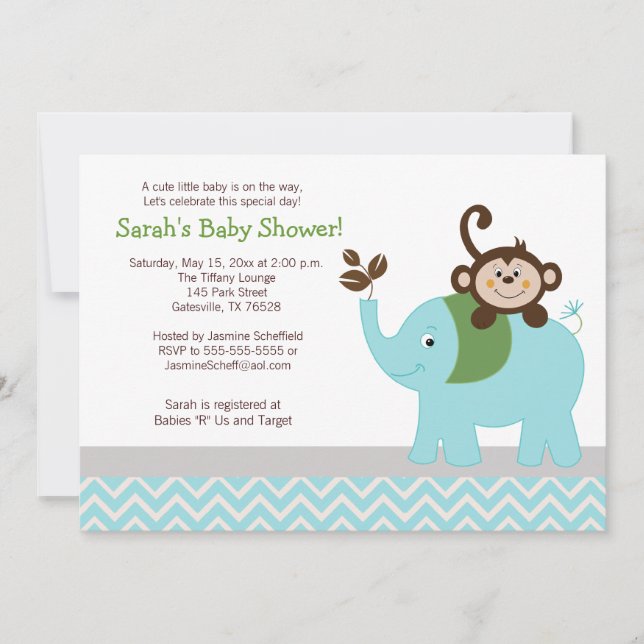 Invitation Baby shower Chevron clair singe et éléphant (Devant)