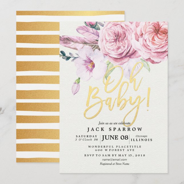 Invitation Baby shower Chic Aquarelle Boho Plumes florales (Devant / Derrière)
