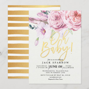 Invitation Baby shower Chic Aquarelle Boho Plumes florales