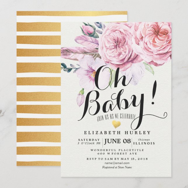 Invitation Baby shower Chic Aquarelle Boho Plumes florales (Devant / Derrière)