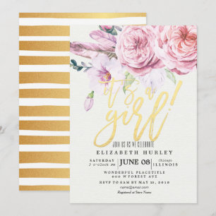 Invitation Baby shower Chic Aquarelle Boho Plumes florales
