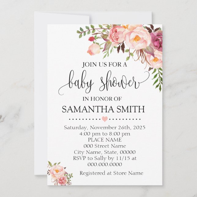 Invitation Baby shower chic boho à fleurs roses (Devant)
