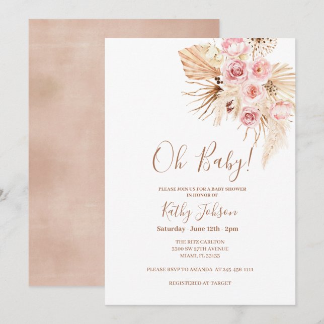 Invitation Baby shower Chic Boho Pampas en Grass Fleur Rose  (Devant / Derrière)