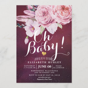 Invitation Baby shower Chic Boho Plumes florales Bourgogne Ro