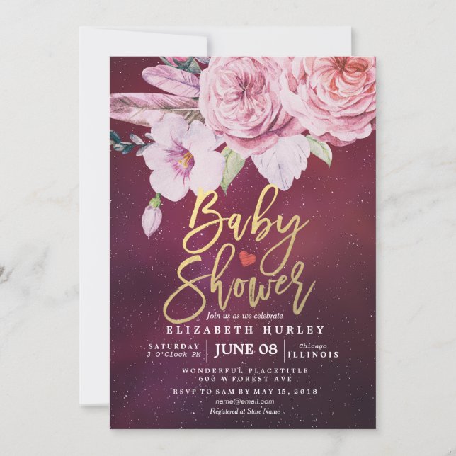 Invitation Baby shower Chic Boho Plumes florales Bourgogne Ro (Devant)