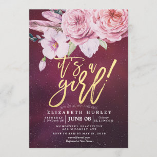 Invitation Baby shower Chic Boho Plumes florales Bourgogne Ro