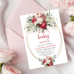 Invitation Baby Shower Chic Boho Rouge Rubis Rouge Pâle et Fe