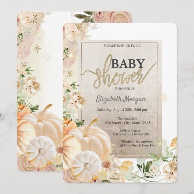 Invitation Baby shower chic de fleurs Citrouilles d'automne (Devant / Derrière)