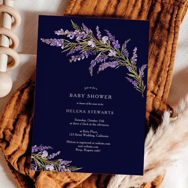 Invitation Baby shower chic de lavande d'automne (Fall lavender floral watercolor chic baby shower invitation on navy blue)