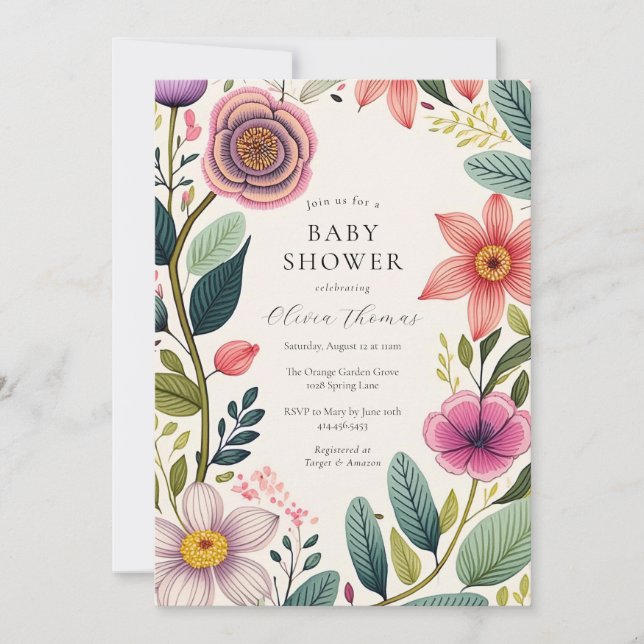Invitation Baby shower chic fleur sauvage (Devant)