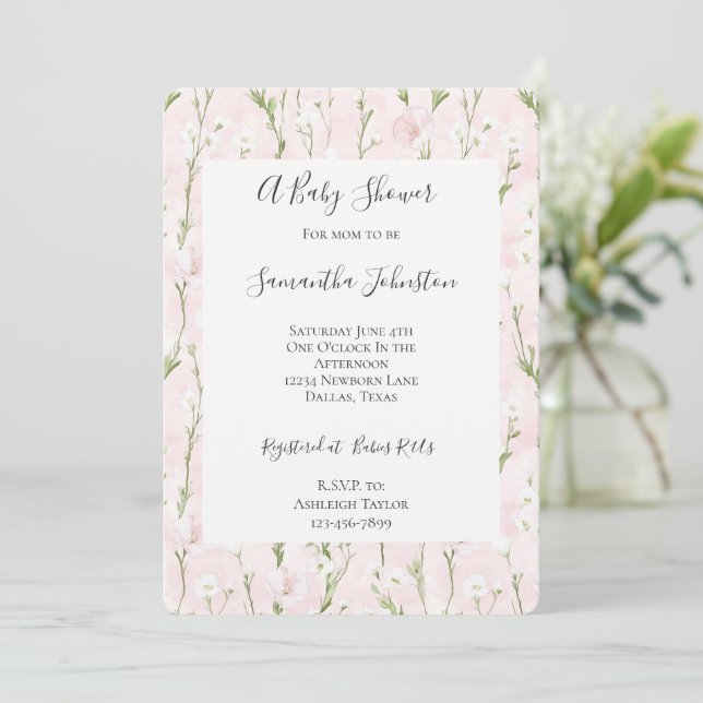 Invitation Baby Shower Chic Fleurs Rose Pâle Élégant (Debout devant)
