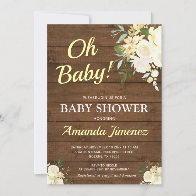 Invitation Baby shower chic floral en bois neutre de genre (Devant)