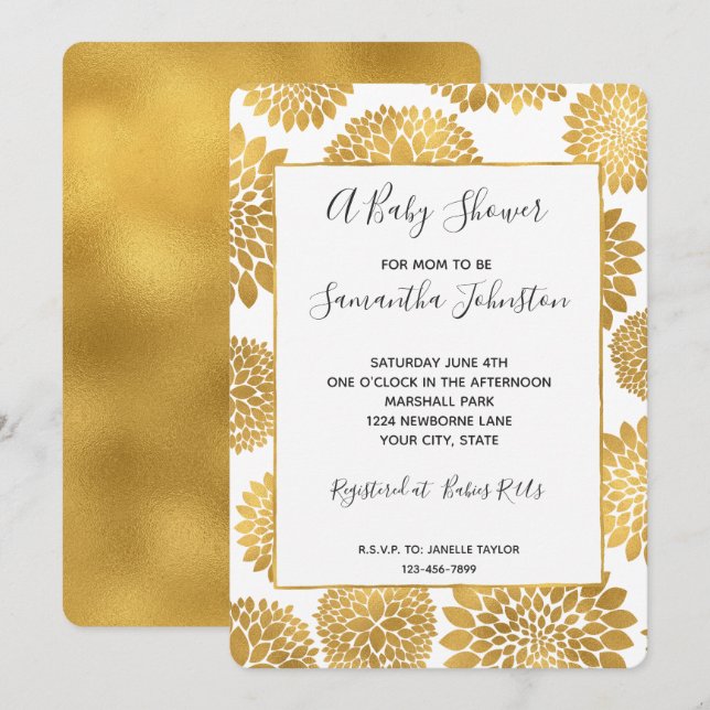 Invitation Baby shower Chic Gold Flowers (Devant / Derrière)
