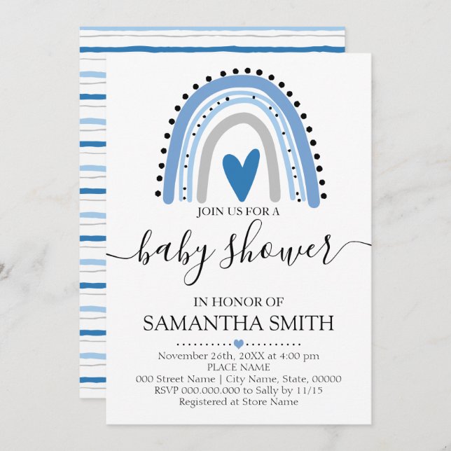 Invitation Baby shower chic Rainbow bleu moderne (Devant / Derrière)