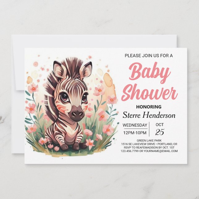 Invitation Baby shower Chic Rose Boho Zebra (Devant)