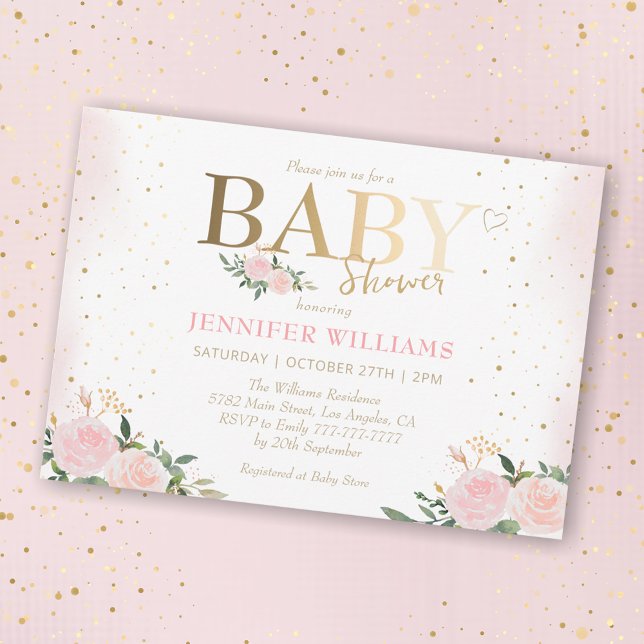 Invitation Baby shower Chic Rose Floral Gold Girl (Créateur téléchargé)