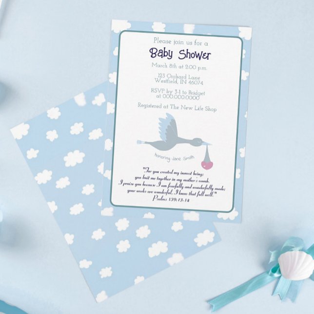 Invitation baby shower cigogne Blue Sky Bible Vers (Créateur téléchargé)