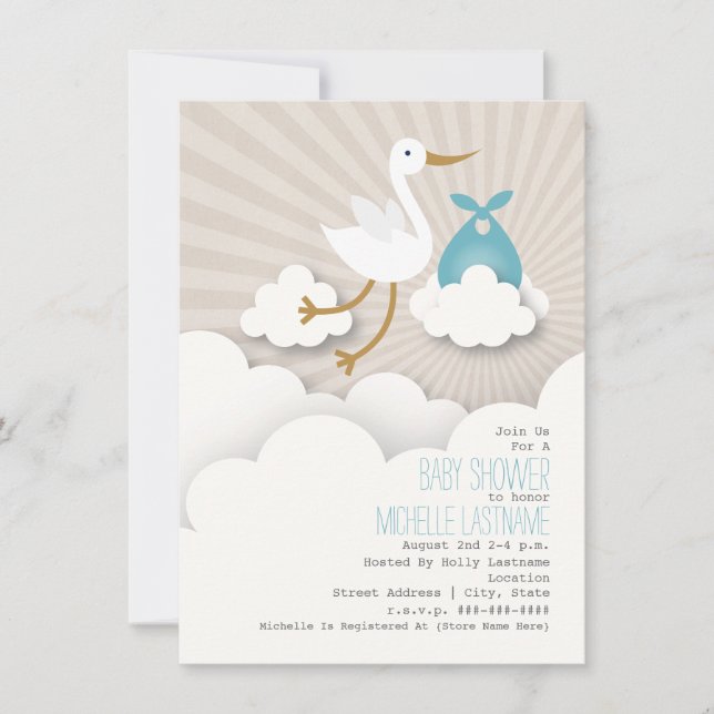 Invitation Baby shower cigogne + nuages - Bleu (Devant)