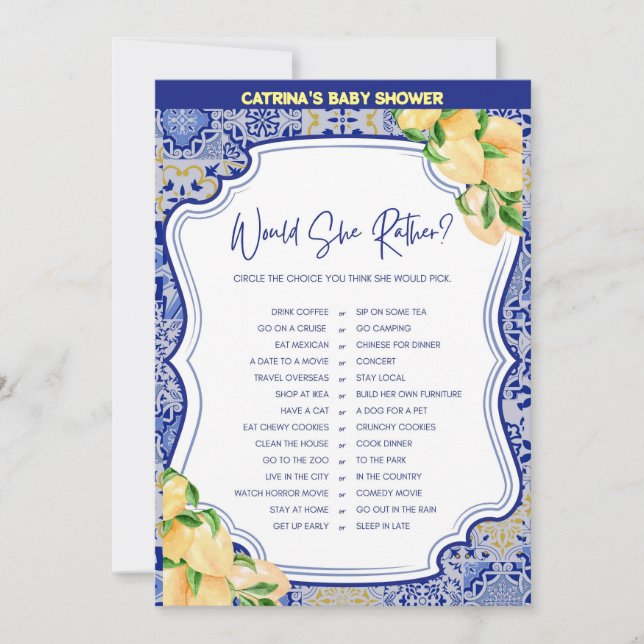 Invitation Baby shower Citron Carreaux Bleus - Nom modifiable (Devant)