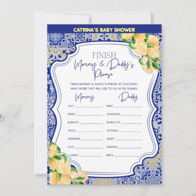 Invitation Baby shower Citron Carreaux Bleus - Nom modifiable (Devant)