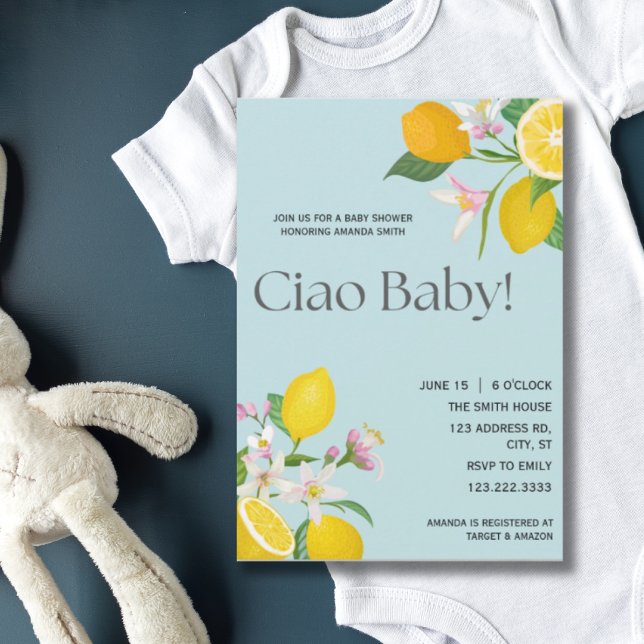 Invitation Baby shower citron, Ciao bébé, thème italien (Créateur téléchargé)