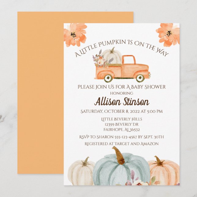 Invitation Baby shower citrouille (Devant / Derrière)