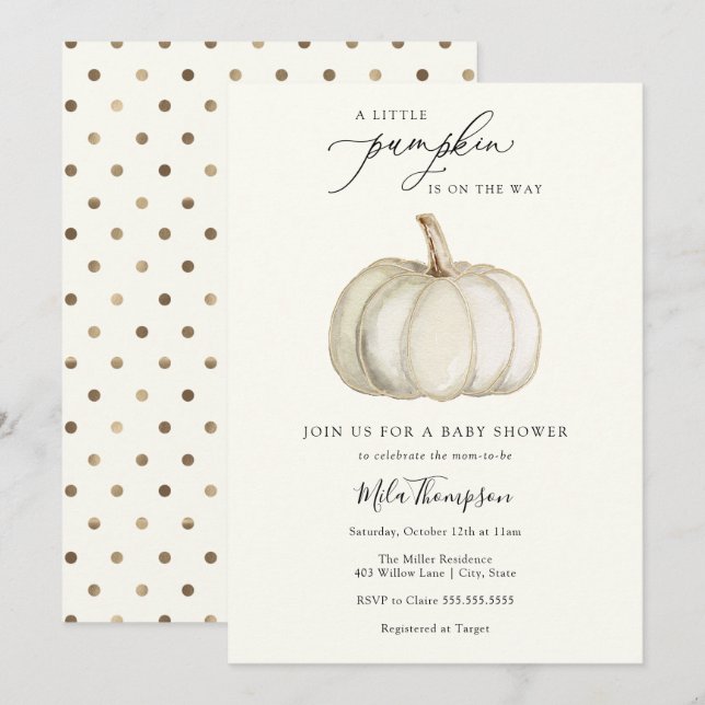 Invitation Baby shower Citrouille blanc et or (Devant / Derrière)