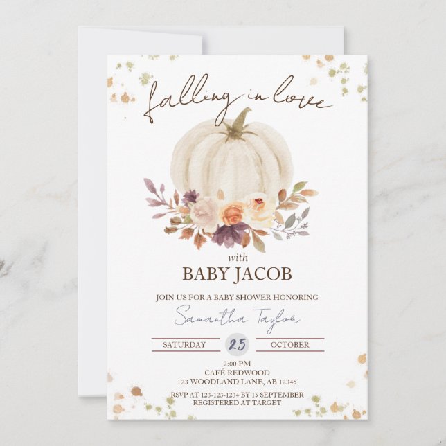 Invitation Baby shower Citrouille blanc, tombé dans l'amour (Devant)