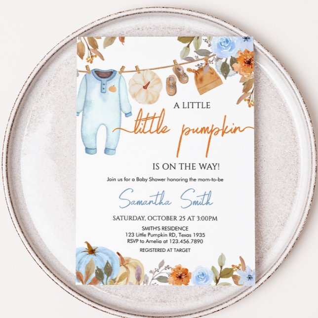 Invitation Baby shower Citrouille bleu automne (Blue Autumn Floral Little Pumpkin Clothesline Baby Shower Invitation)