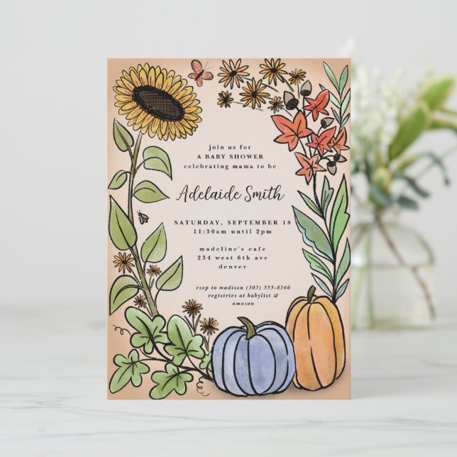 Invitation Baby shower Citrouille bleu de la récolte d'automn (Debout devant)